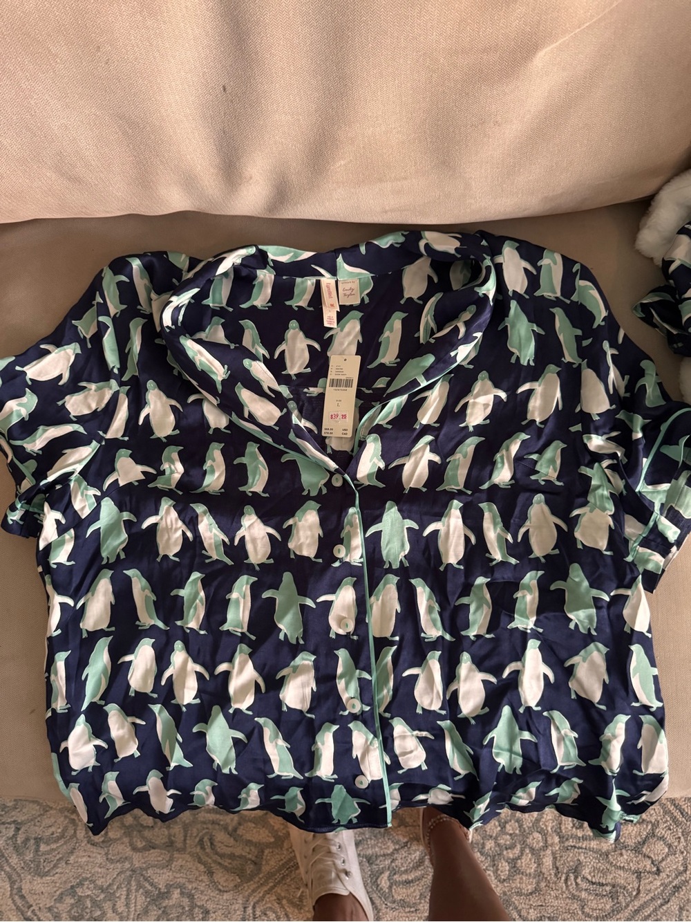 Anthropologie Lyra Allied Penguin Print Satin Pajama Top and Bottom
